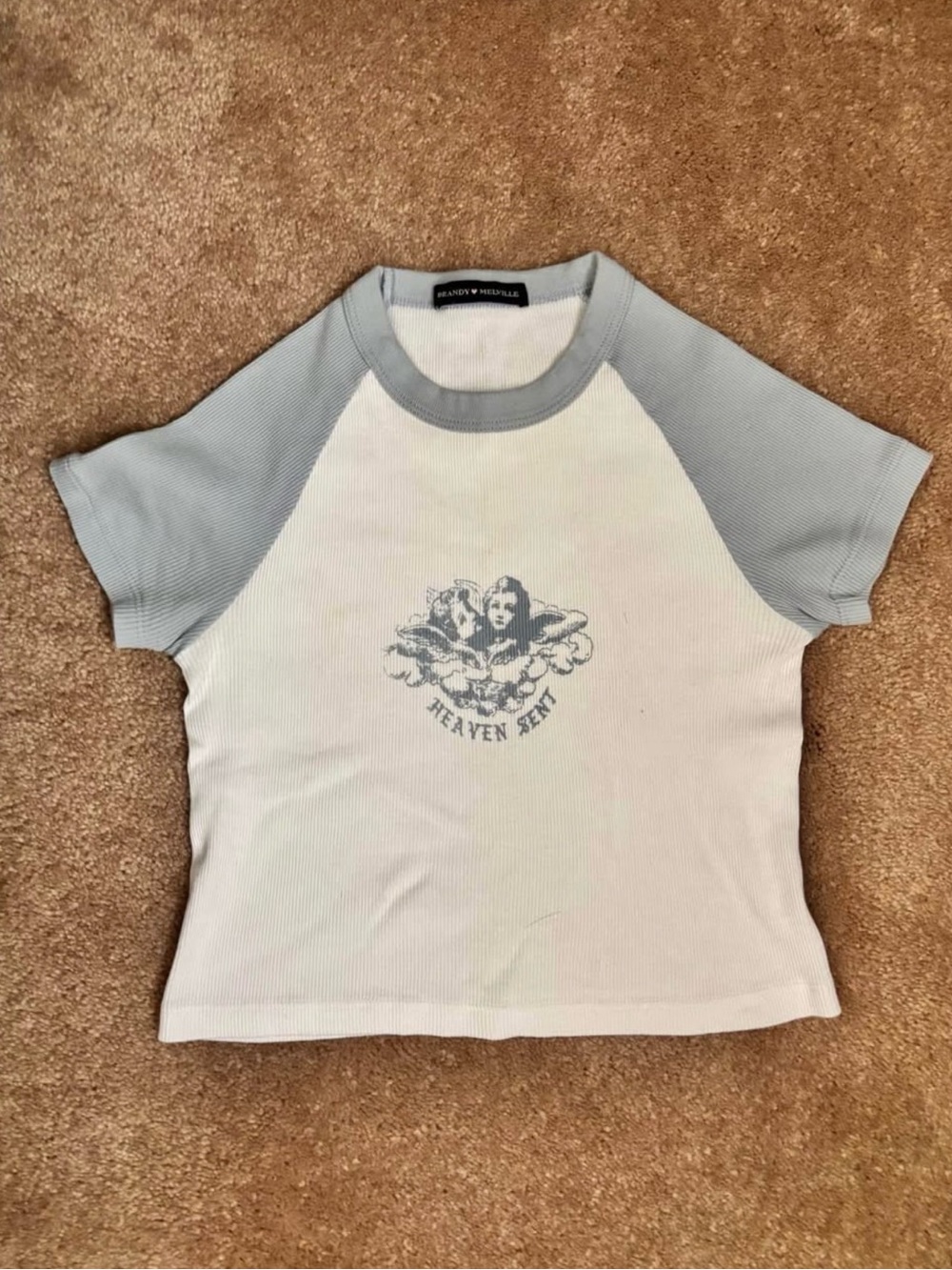 Brandy Melville White Tee with Light Blue Raglan Sleeves